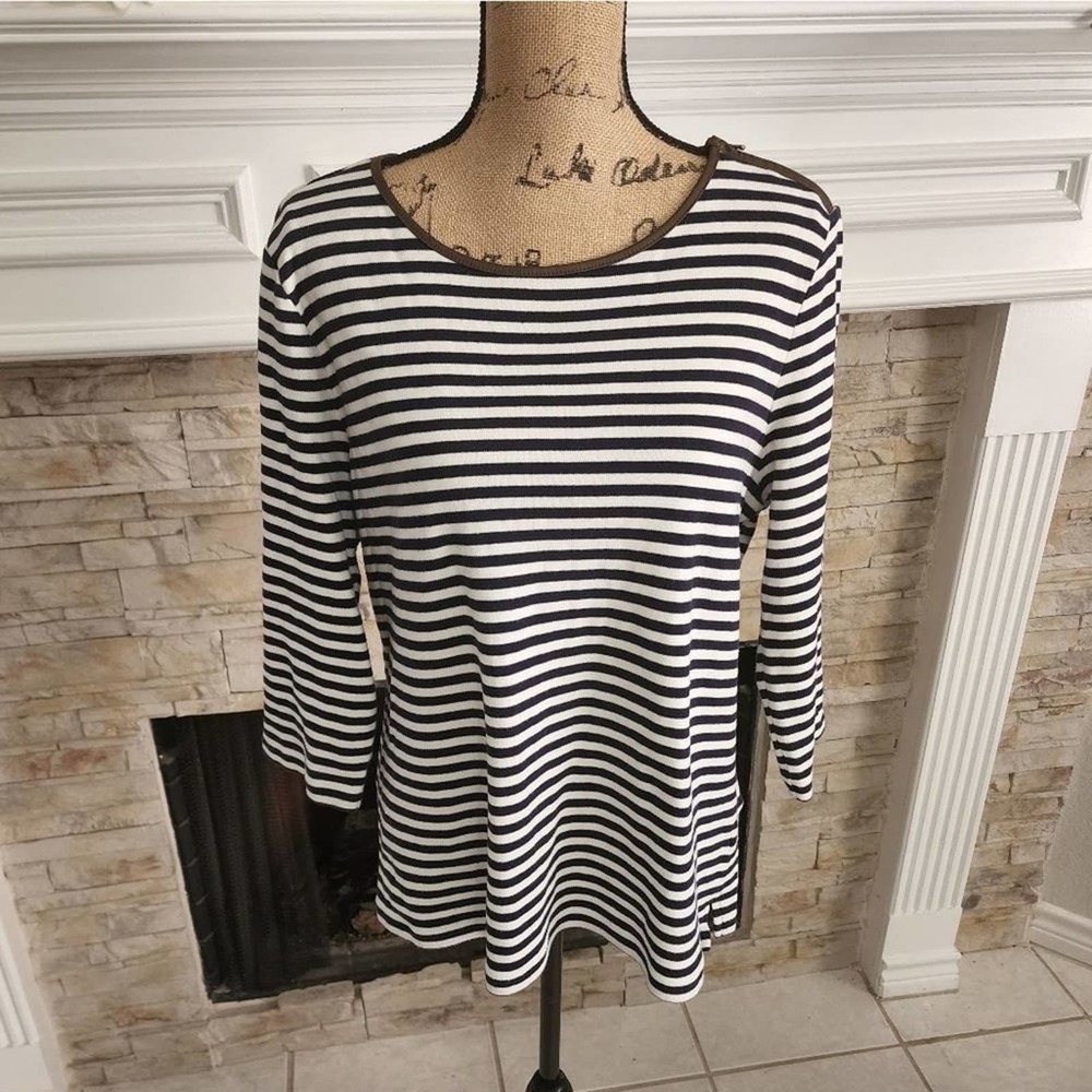 Talbots blue and white striped‎ faux leather zippered detail size XL